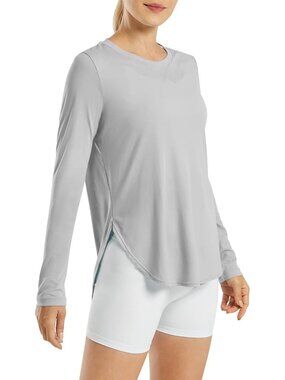 Women's Grey UPF 50+ UV Shirt Long Sleeve Workout Yoga Sun Top Quick Dry Gym